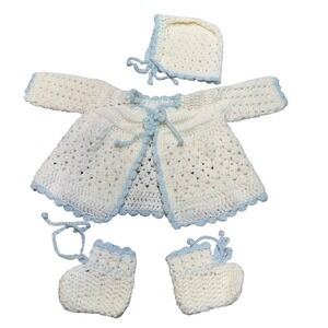 Vintage Unbranded Crochet Cardigan Bonnet Booties Set Kids 0 3M Soft Coquette